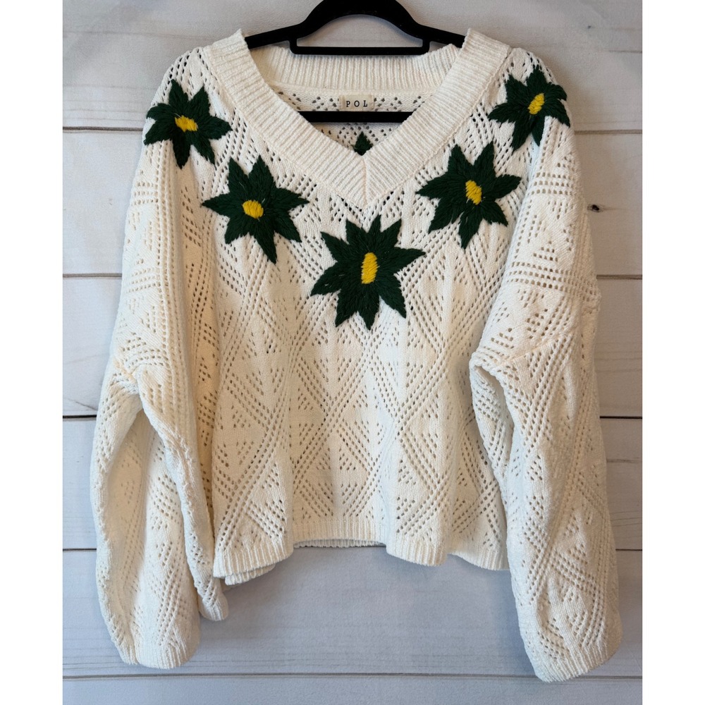POL Cream White Floral Embroidered Pointelle Crochet V-Neck Sweater Large GST105